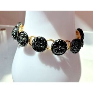 Vintage Whimsigoth Button Bracelet Black Gold Tone Statement Jewelry